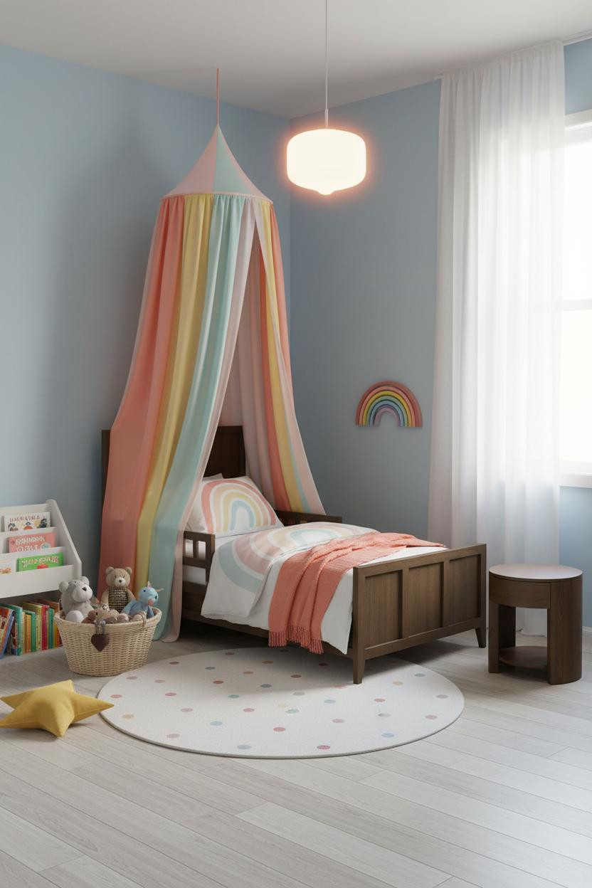 Bright rainbow toddler bedroom with pastel walls, wooden bed frame, white nightstand, soft natural light from window, colorful bedding, and clean minimalist decor.