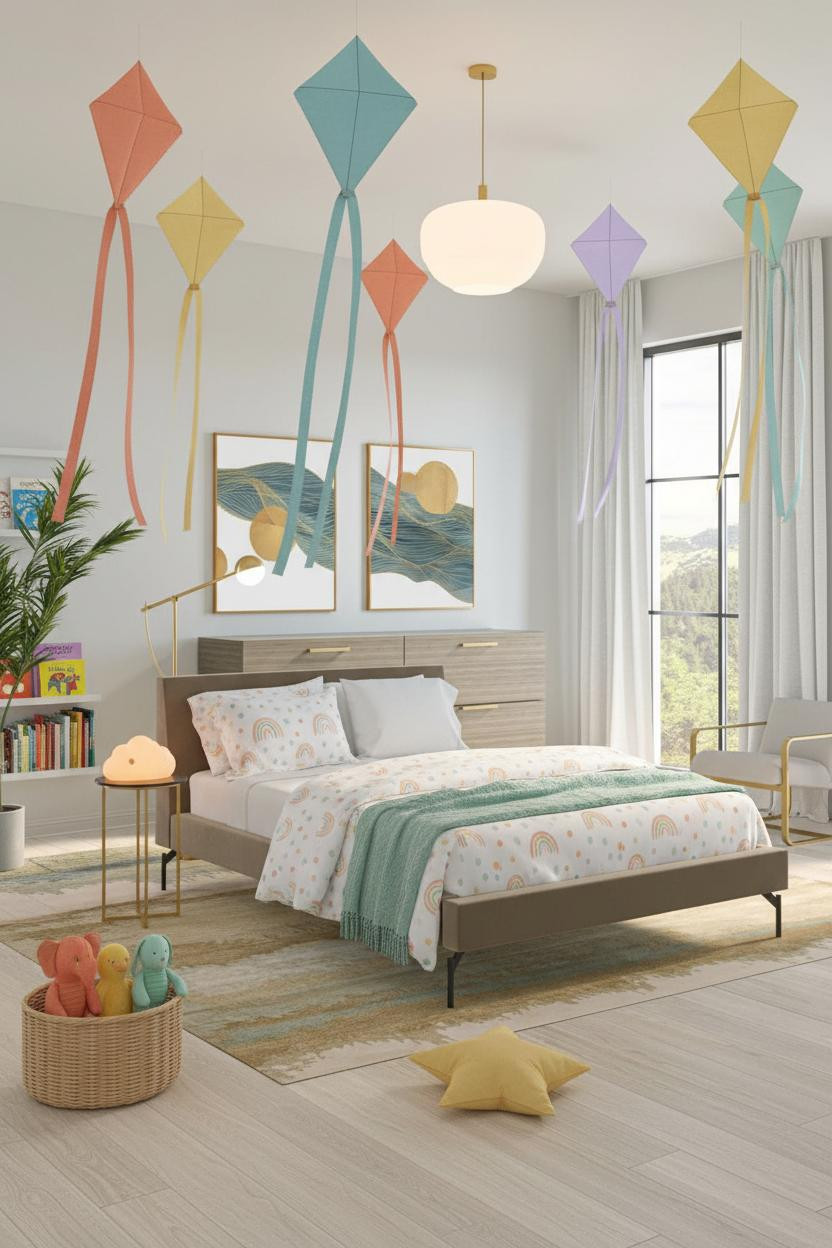Bright, airy children's bedroom with soft pastel rainbow wall colors, natural wood bed frame, white bedding, wooden nightstand, and warm natural daylight from windows creating a calm, playful room design.