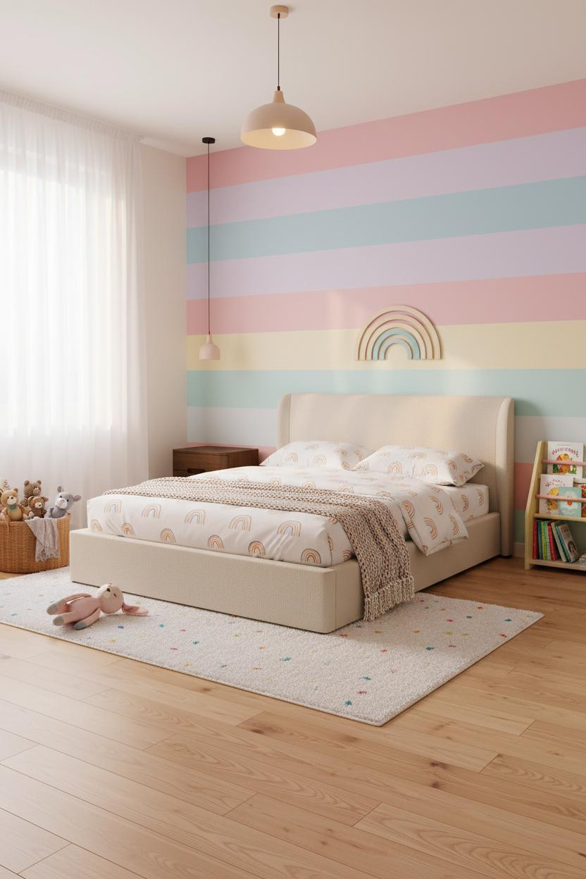 Bright, airy toddler bedroom with soft rainbow pastel walls, modern bed frame with white bedding, wooden nightstand, natural window light, and colorful room decor.