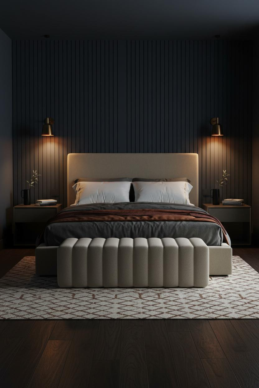 Romantic Couples Bedroom Navy Fluted Headwall