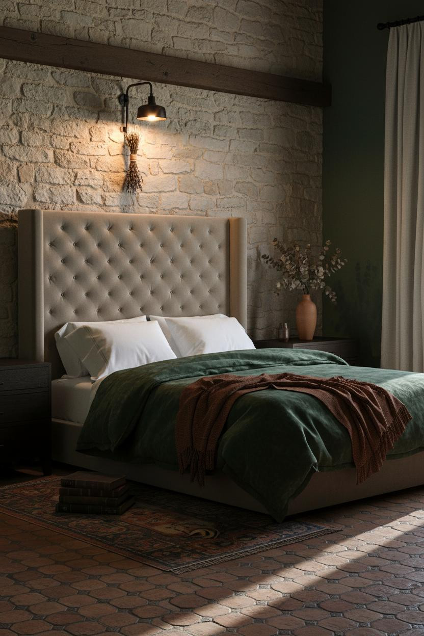 Romantic moody bedroom with dark wood bed frame, cream bedding, vintage nightstand, soft warm lighting from table lamp, and neutral wall colors creating cozy feminine aesthetic