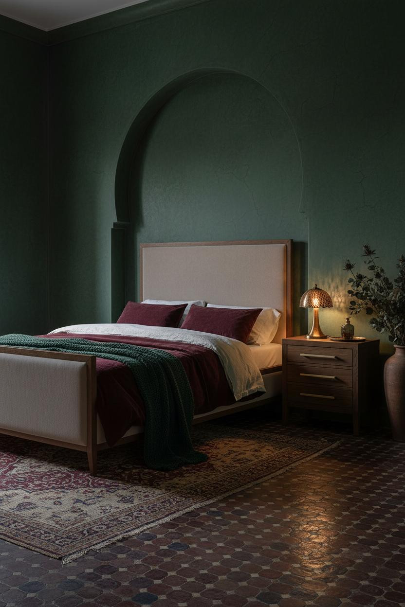 Dark moody bedroom with romantic aesthetic, featuring a dark upholstered bed frame, vintage nightstand, warm ambient lighting, and earthy neutral tones creating an intimate cozy atmosphere.