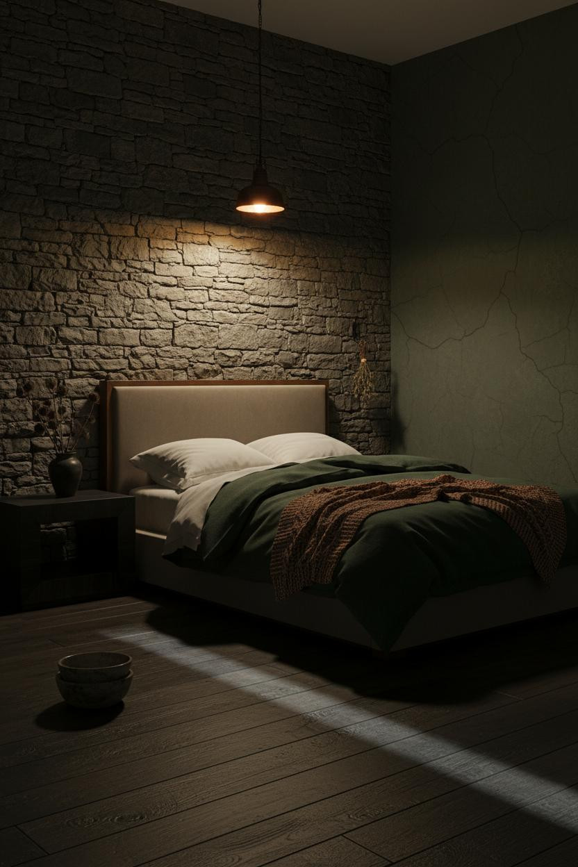 Romantic moody bedroom with dark walls, soft layered bedding on upholstered bed frame, wooden nightstand, warm ambient lighting, and earthy vintage decor creating intimate cozy atmosphere.