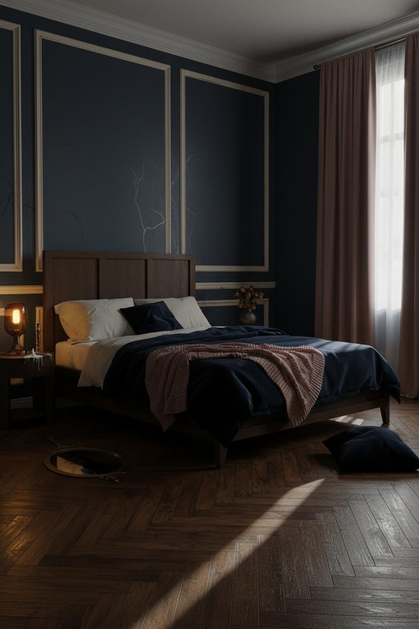 Dark moody bedroom with romantic aesthetic, featuring a wooden bed frame, vintage nightstand, layered bedding in deep tones, soft ambient lighting, and earthy color palette creating intimate cozy atmosphere.