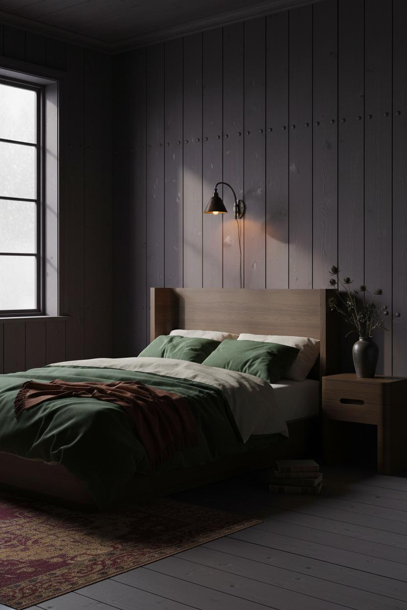 Dark moody bedroom with romantic aesthetic featuring upholstered bed frame, wooden nightstand, warm ambient lighting, and earthy neutral tones creating intimate cozy atmosphere.