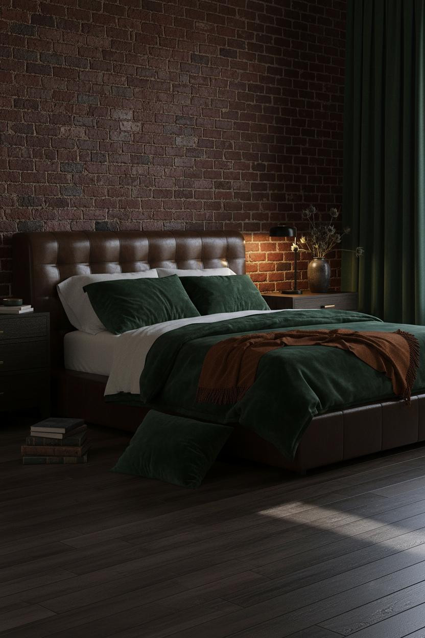 Moody romantic bedroom with dark walls, layered bedding on platform bed frame, wooden nightstand, warm ambient lighting, and earthy vintage decor creating intimate cozy atmosphere.