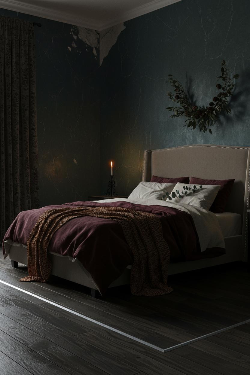 Dark moody bedroom with warm layered lighting from bedside lamp, soft neutral bedding on platform bed, vintage wood furniture, and earthy tones creating intimate romantic aesthetic.