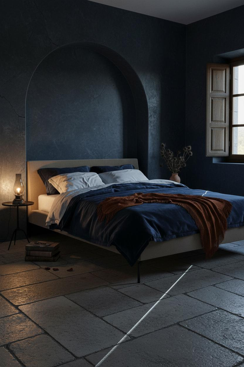 Romantic moody bedroom with dark walls, soft bedside lamp casting warm glow, layered bedding on upholstered bed frame, vintage accessories, and earthy color palette creating intimate feminine atmosphere.