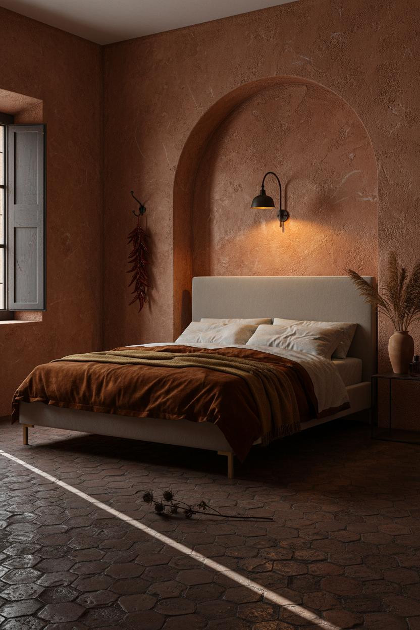 Romantic moody bedroom with dark walls, soft bedside lamp, vintage wood bed frame, warm layered bedding, and natural window light creating intimate cozy atmosphere.