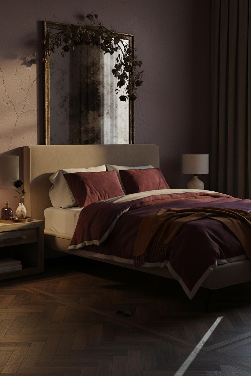 Dark moody bedroom with romantic aesthetic featuring upholstered bedframe, vintage bedside lamp, warm layered lighting, deep jewel tones, and soft feminine furnishings in cozy cottage style.