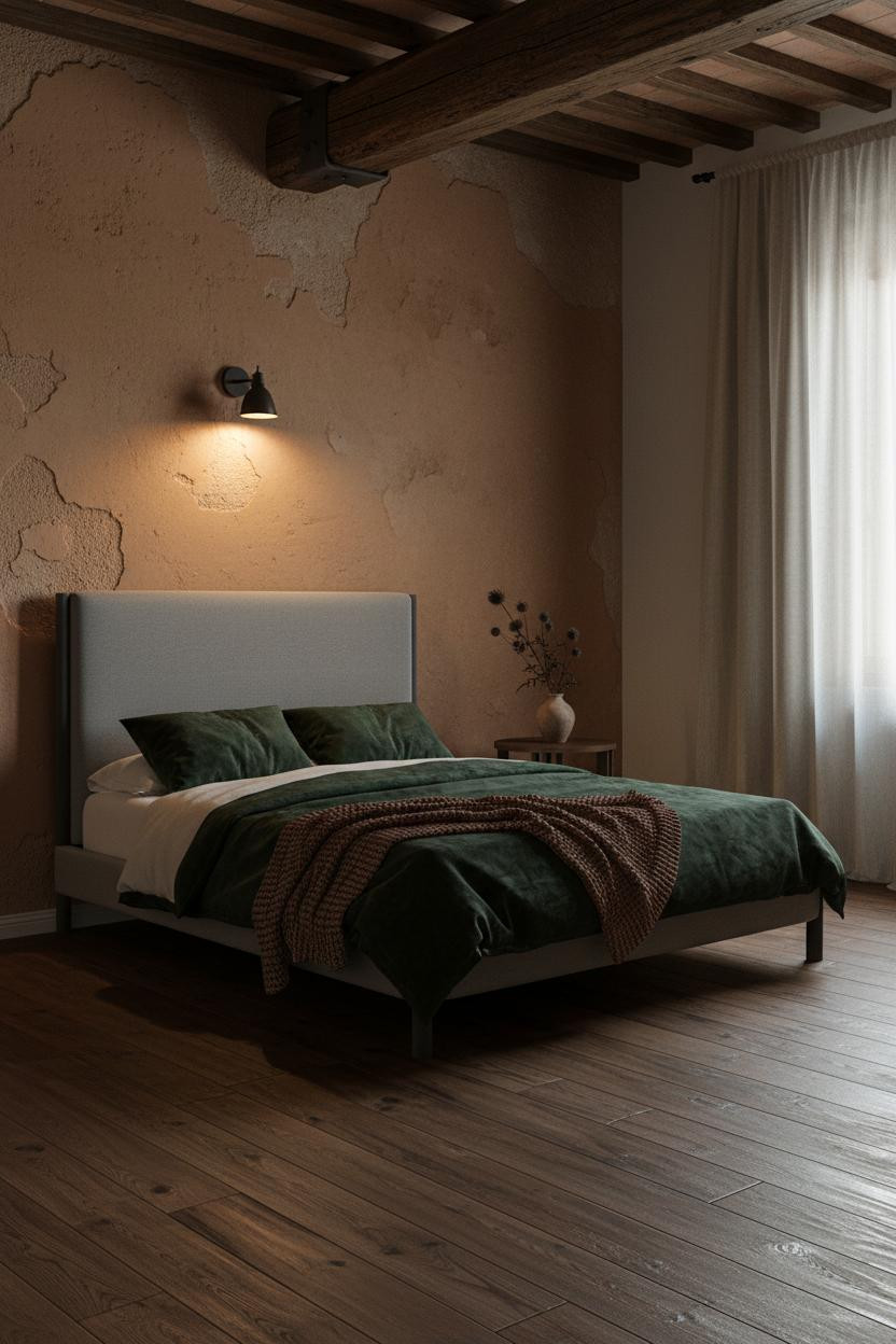 Romantic moody bedroom with dark walls, layered bedding on platform bed, wooden nightstand, warm ambient lighting, and earthy cottagecore decor creating intimate cozy atmosphere.