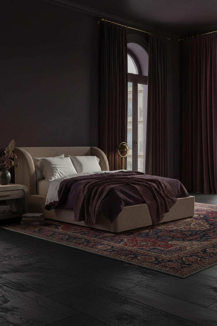 Dark moody bedroom with romantic aesthetic, featuring black bed frame, dark walls, vintage nightstand, warm ambient lighting, and layered textiles creating intimate cozy atmosphere.