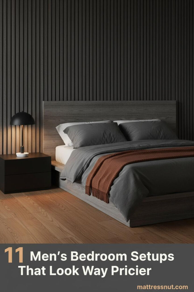 Dark industrial bedroom with graphite slat wall, warm oak floors, charcoal linen bedding, rust throw, and amber task lamp glow