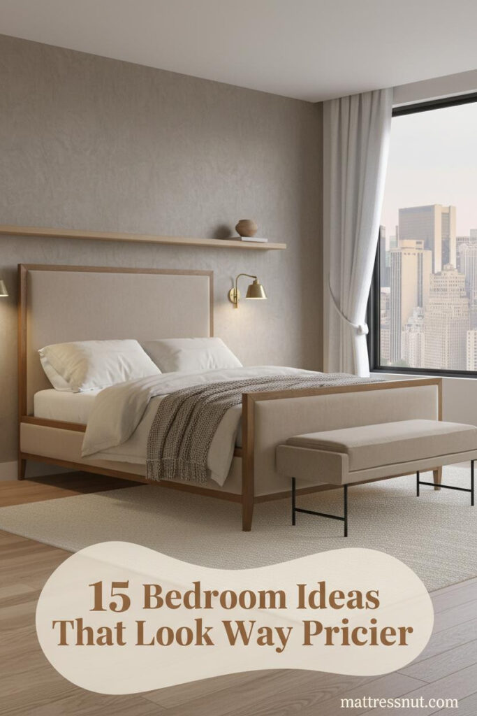 Warm greige accent wall bedroom with cream linen bedding, taupe wool throw, oak shelf, brass sconces, and light oak flooring for couples