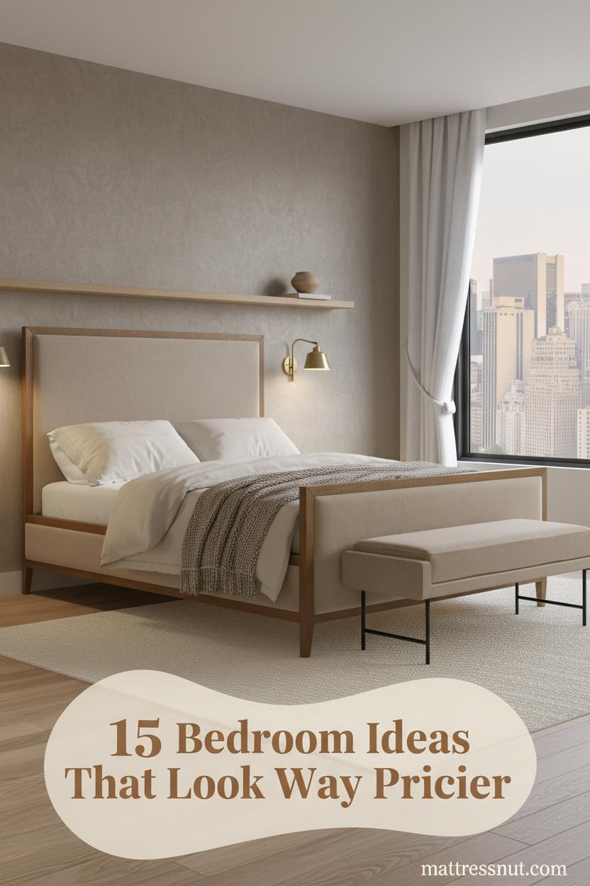 Warm greige accent wall bedroom with cream linen bedding, taupe wool throw, oak shelf, brass sconces, and light oak flooring for couples