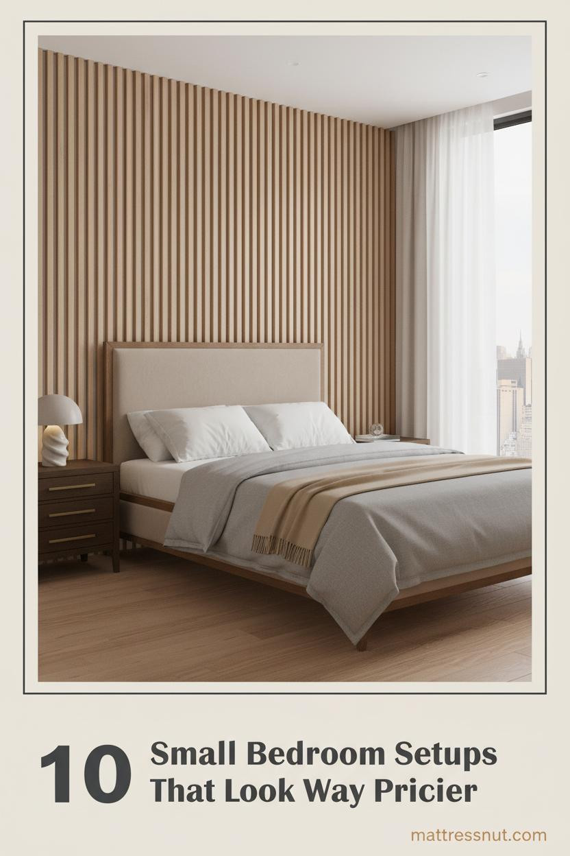 Minimalist small bedroom with vertical slatted oak accent wall, stone-grey linen bedding, walnut nightstand, ceramic lamp, and warm diffused daylight