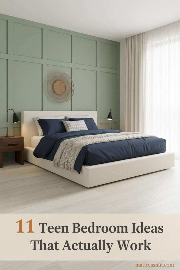 Minimalist teen bedroom with sage green board-and-batten walls, navy duvet, cream throw, rattan wall hanging, and white ash floors