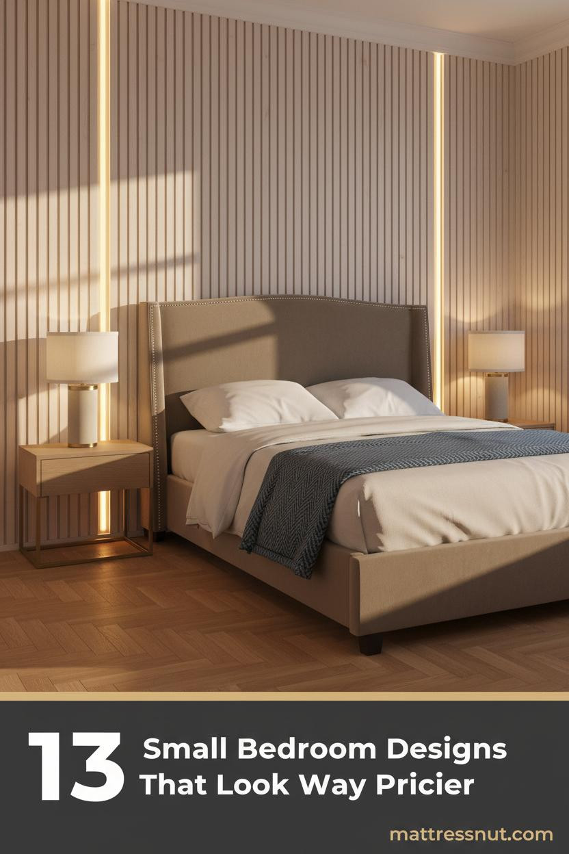 Compact bedroom with pale birch fluted wall panels, amber LED lighting, oak herringbone floors, oatmeal linen bedding and slate blue throw