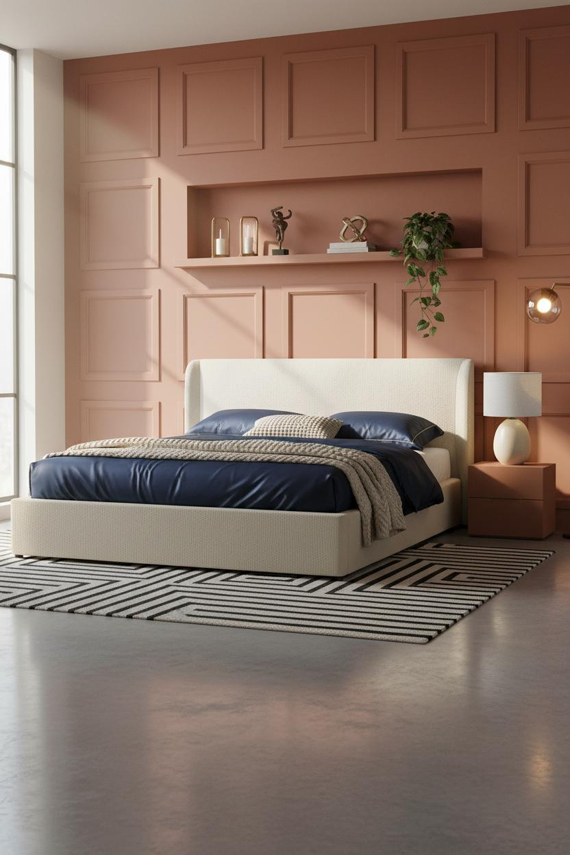 Single Bed Design Terracotta Paneled Wall