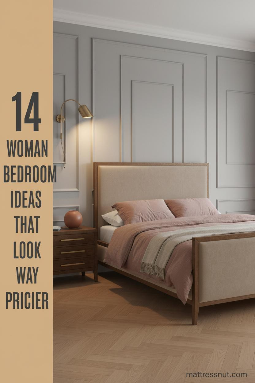 Feminine bedroom with dove grey paneled wall, dusty rose linen duvet, walnut nightstand, terracotta vessel, and warm brass sconce glow