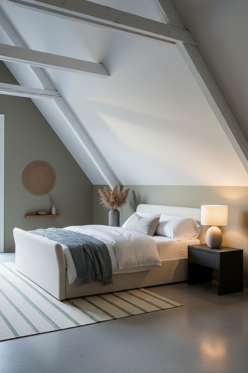 Sloped Ceiling Bedroom Attic Whitewashed Timber