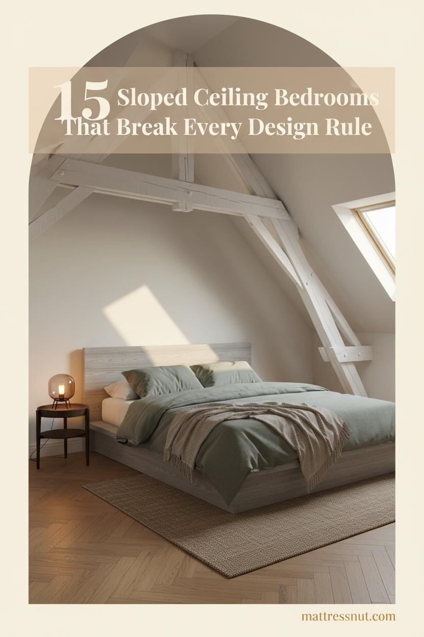 Attic bedroom with whitewashed exposed beams, slanted ceiling, warm oak herringbone floor, sage linen bedding and amber lamp glow