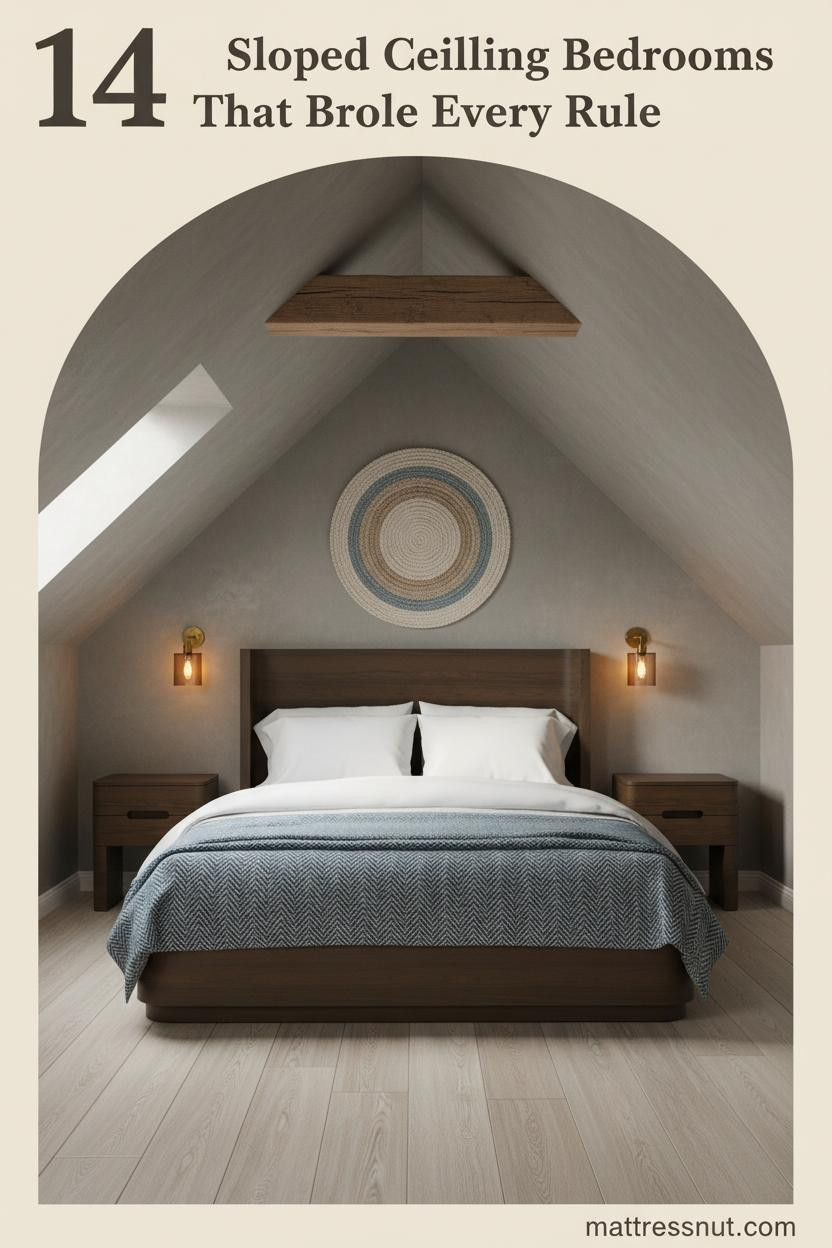 Attic bedroom with greige limewash sloped ceilings, raw timber ridge beam, bleached oak floors, linen bedding, and warm amber sconces flanking the bed