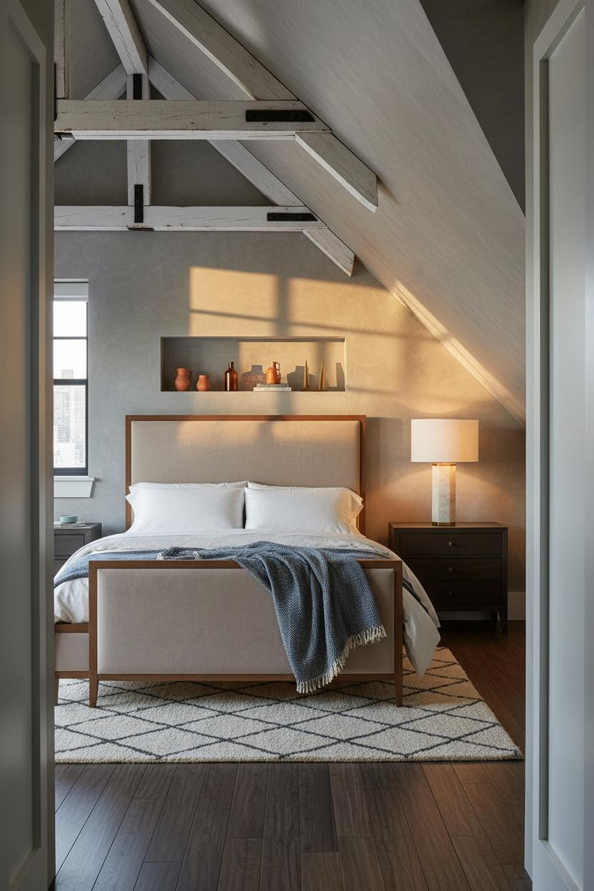 Small Attic Bedroom Angled Walls Exposed Beams