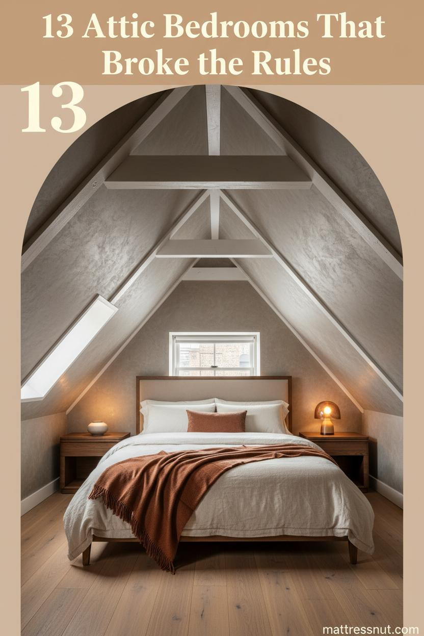 Cozy attic bedroom with chalk-white exposed collar ties, warm grey plaster walls, wide-plank oak floor, cream linen duvet, and amber bedside lamp glow