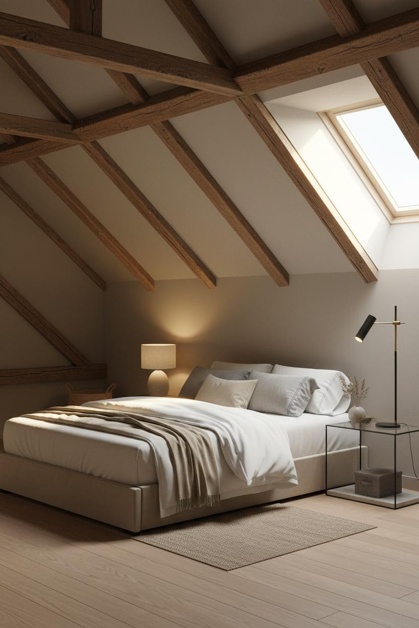 Small Attic Bedroom Sloped Roof Exposed Beams