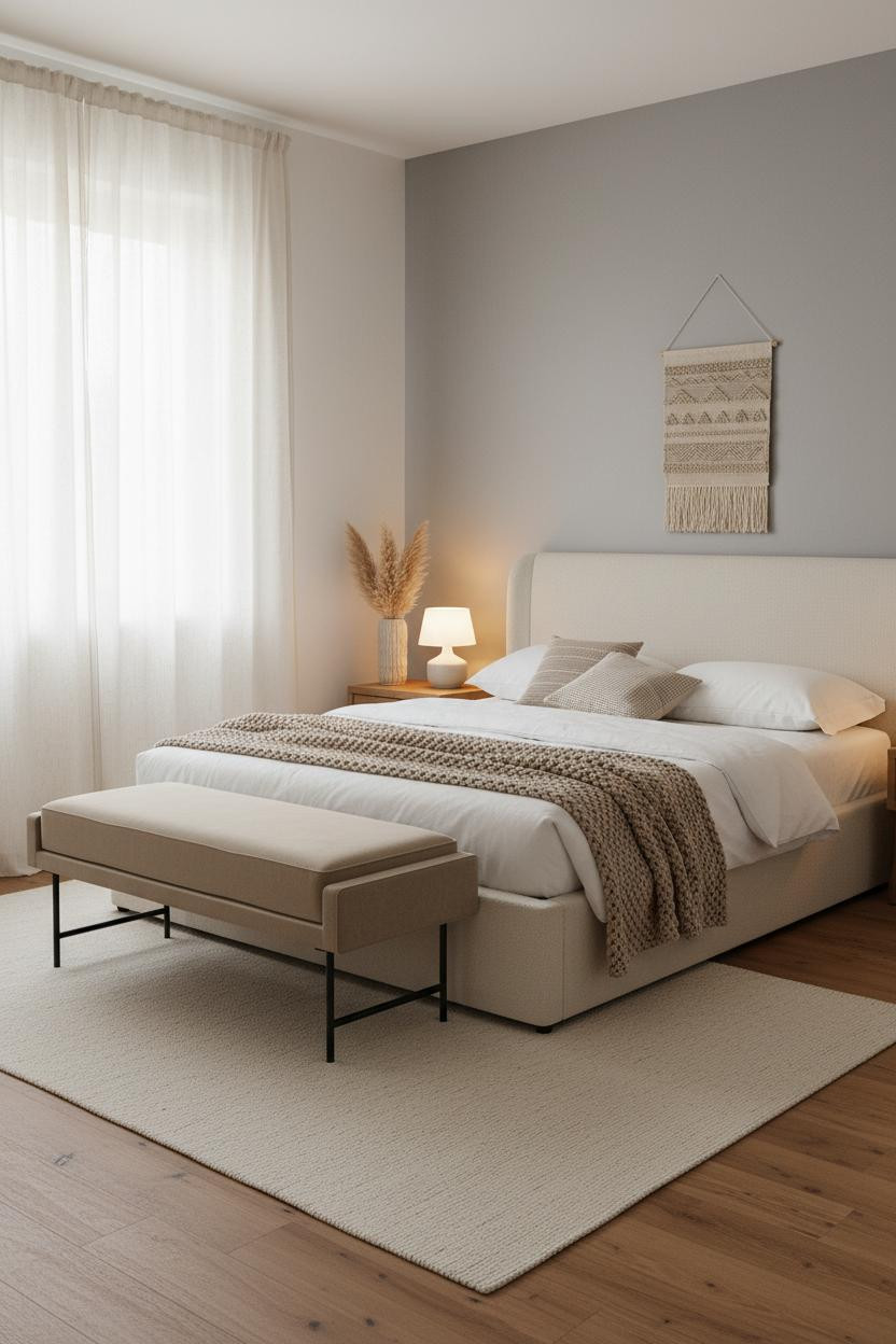 Bright, airy small bedroom for couples featuring a low-profile bed frame with neutral bedding, cushioned bench at foot, soft natural light from window, warm wood tones, and minimalist decor.