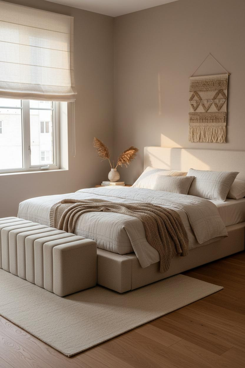 Bright, airy small bedroom for couples featuring a wooden bed frame, upholstered channel ottoman bench, soft neutral bedding, warm wood flooring, and natural window light creating a calm, intimate shared space.