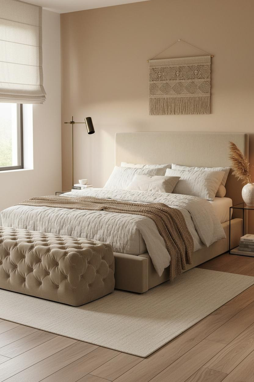 Bright, airy small bedroom for couples with neutral bedding, tufted ottoman at foot of bed, soft natural light from window, warm wood flooring, minimalist decor.