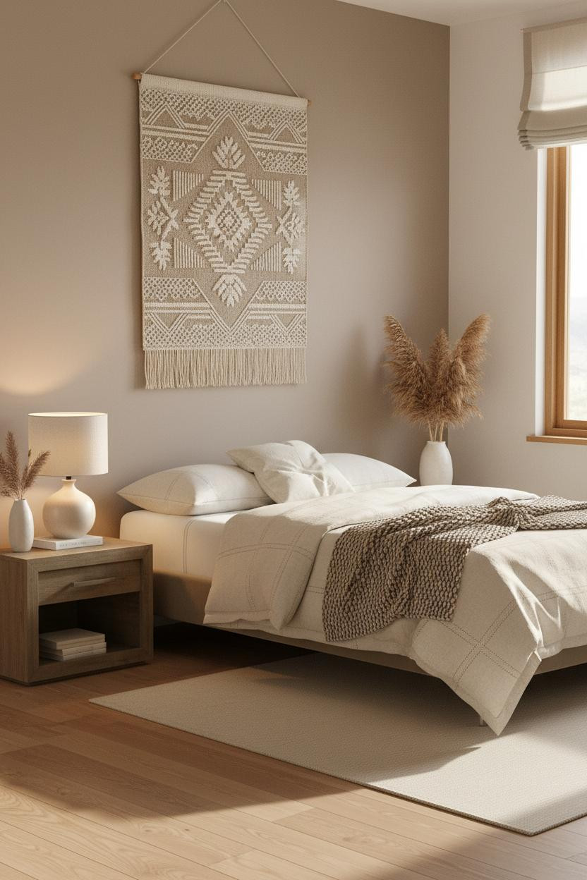 Bright, airy small bedroom with neutral bedding, wooden bed frame, soft lighting from bedside lamp, and clean white walls creating a calm, intimate space for two.