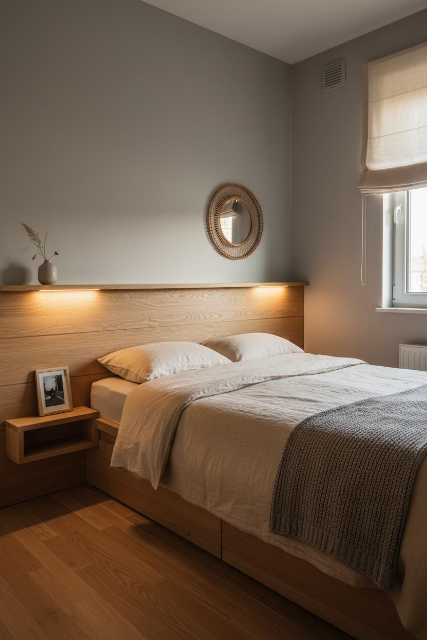 Small bedroom for couples with natural oak built-in headboard wall, integrated floating shelves, dove grey walls, warm oak flooring, ivory linen bedding, and soft afternoon window light creating intimate proportional sleeping space.