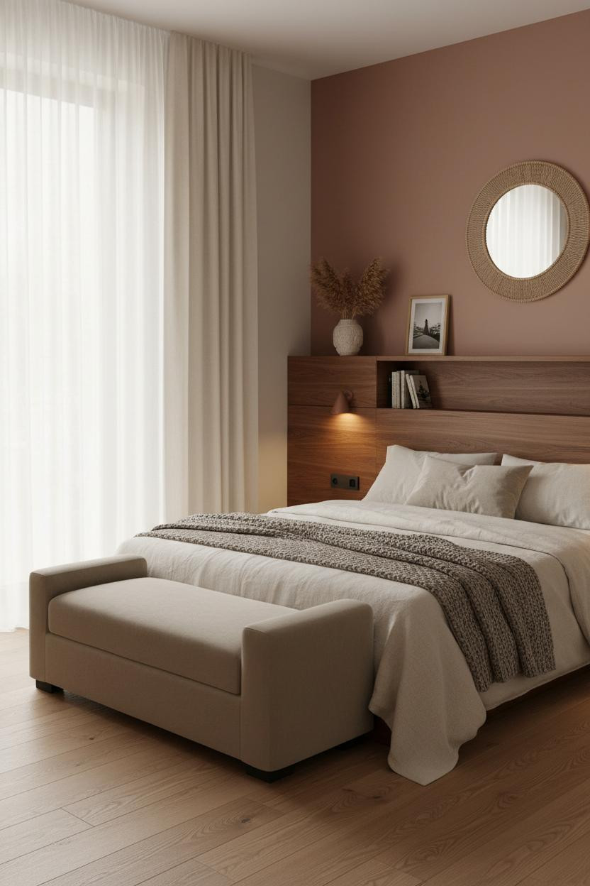Small bedroom for couples with walnut floating headboard, greige walls with terracotta accent, ivory linen duvet, soft morning light through gauzy curtains, light oak flooring, cushioned bench at corner.