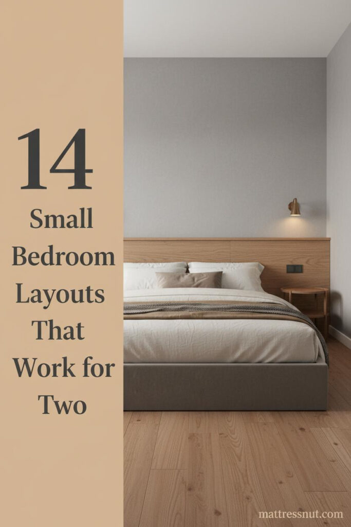 Compact couple bedroom with dove grey plaster walls, oak floating shelf headboard, platform bed, ivory linen duvet, and walnut nightstands