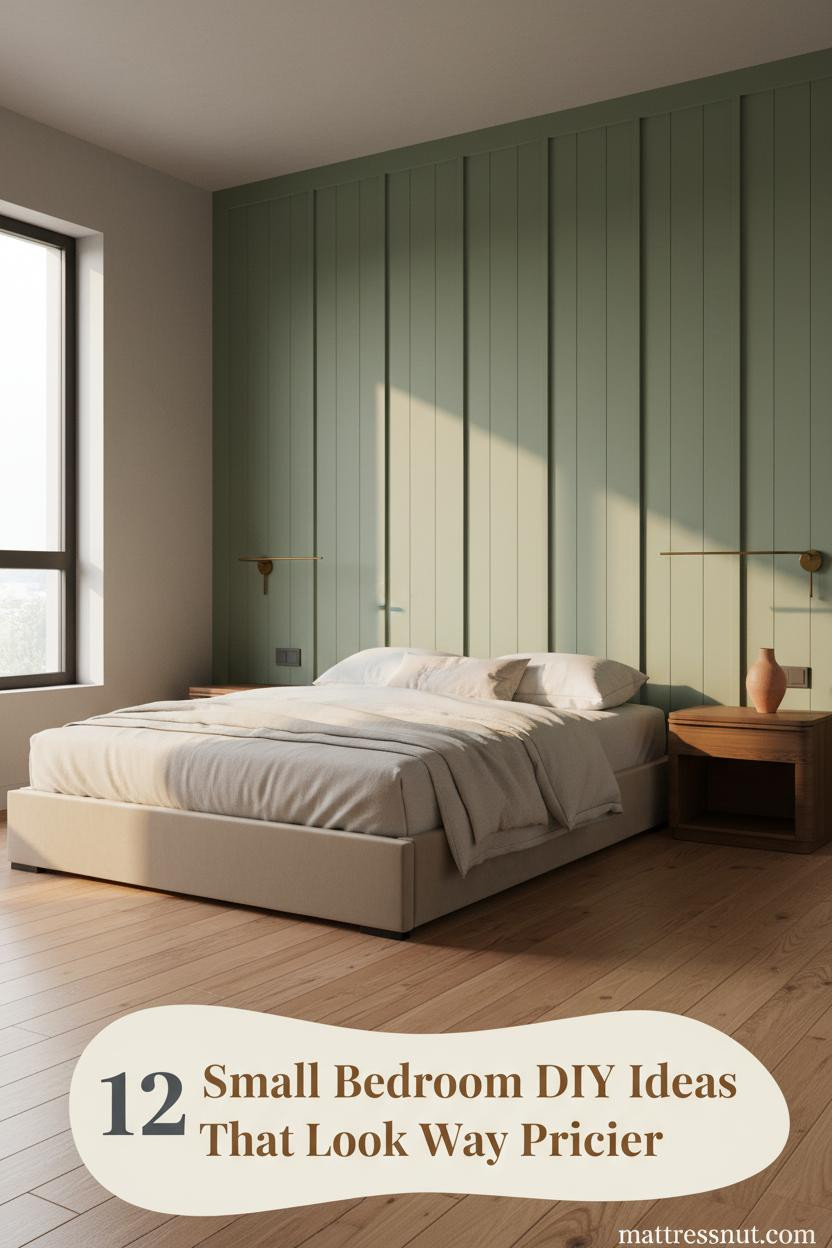 Compact bedroom with sage board-and-batten accent wall, cream linen bedding on low platform bed, honey pine floors, and terracotta vase nightstand accent