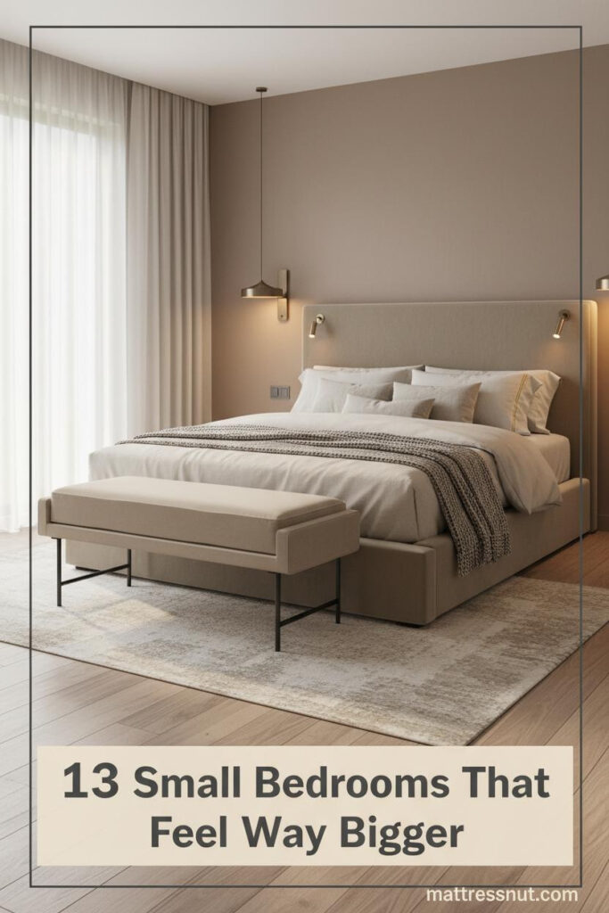 Compact couple bedroom with warm taupe accent wall, oak platform bed, cream linen bedding, wall sconces, and slim bench at foot