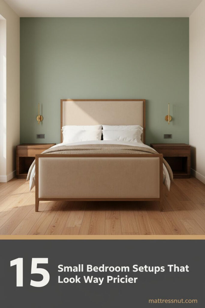 Compact shared bedroom with sage green accent wall, ivory linen bedding, walnut nightstand, brass sconce, and warm oak hardwood flooring