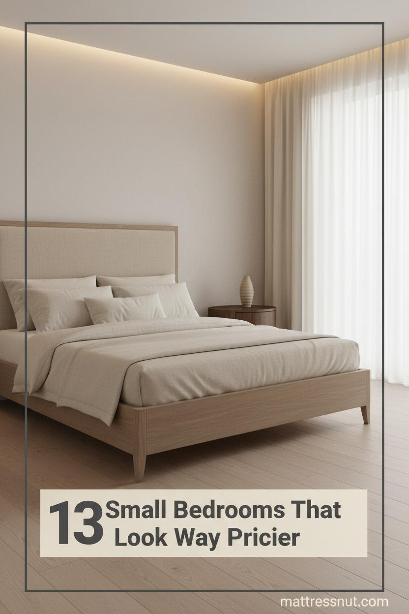Minimalist small bedroom with pale oak floors, linen bedding, matte plaster walls, warm LED lighting, and a slim walnut nightstand with ceramic vessel
