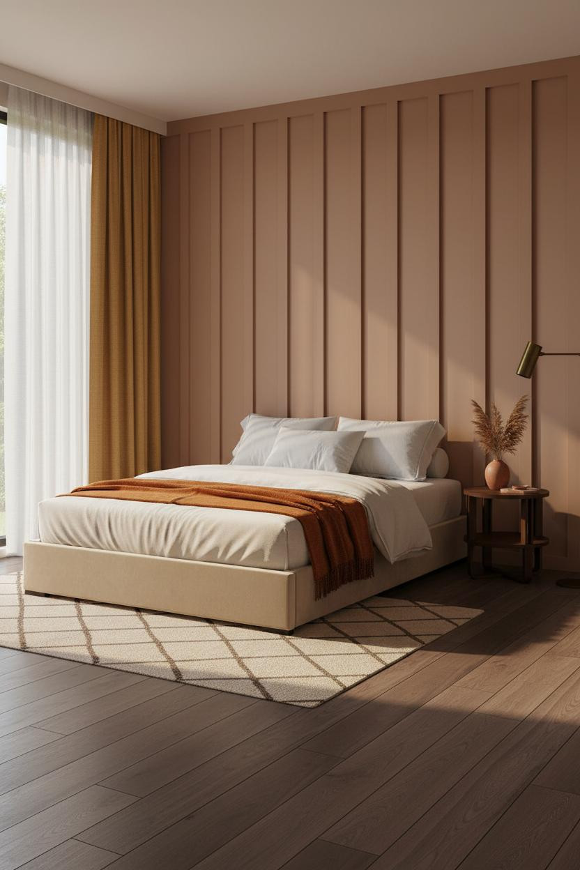 Small Bedroom Layout Board and Batten Warm Lighting