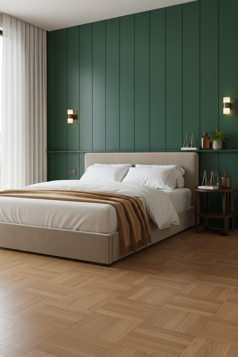 Small Bedroom Layout Green Paneling Platform Bed