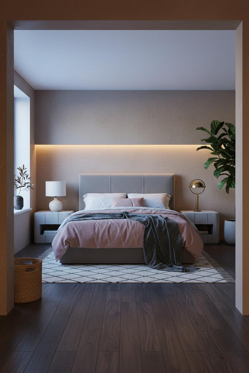 Small Bedroom Minimalist Japandi Backlit Wall