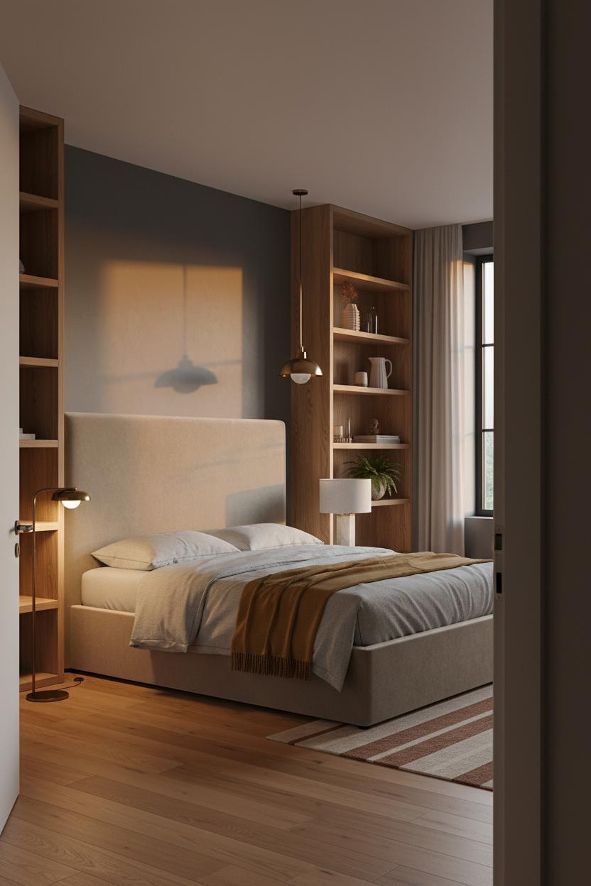 Small Bedroom Minimalist Oak Shelving Design