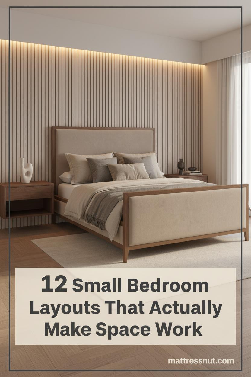 Small double bedroom with slatted ash panel wall, honey oak herringbone floor, cream linen bedding, warm LED cove lighting, walnut nightstand