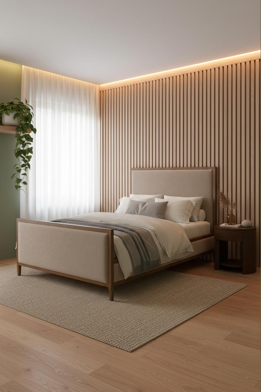 Small Double Bedroom Japandi Vertical Paneling