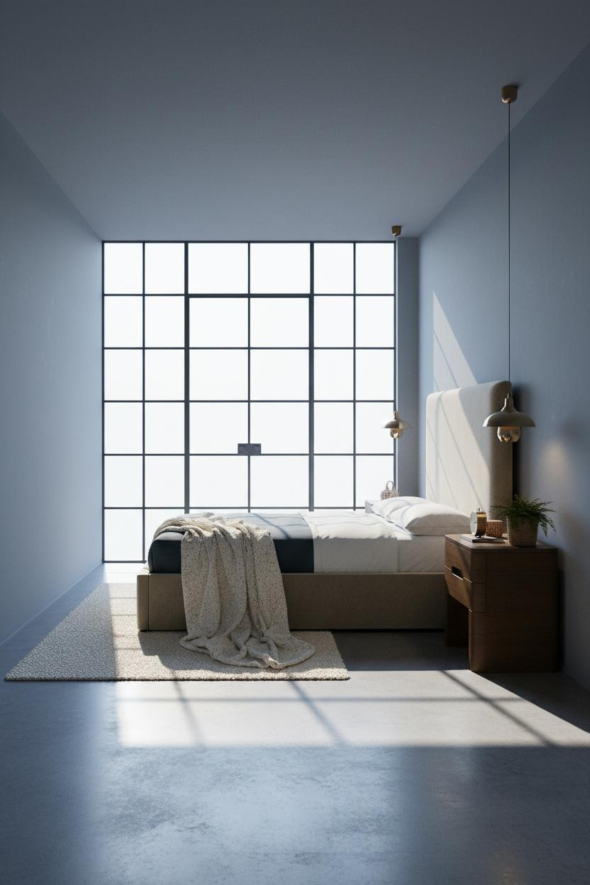 Small Double Bedroom Steel Window Blue