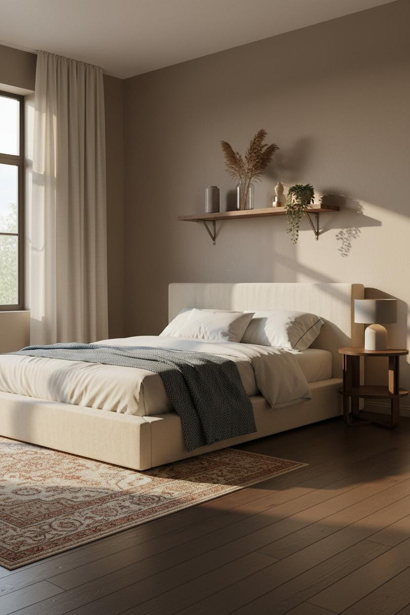 Small Double Bedroom Walnut Shelf Layout