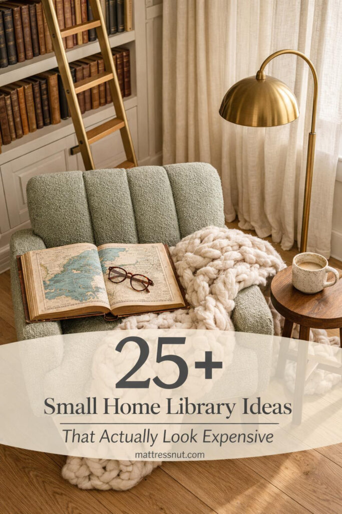 Compact home library featuring floor-to-ceiling bookshelves, velvet reading chair, brass lamp, and curated book collection